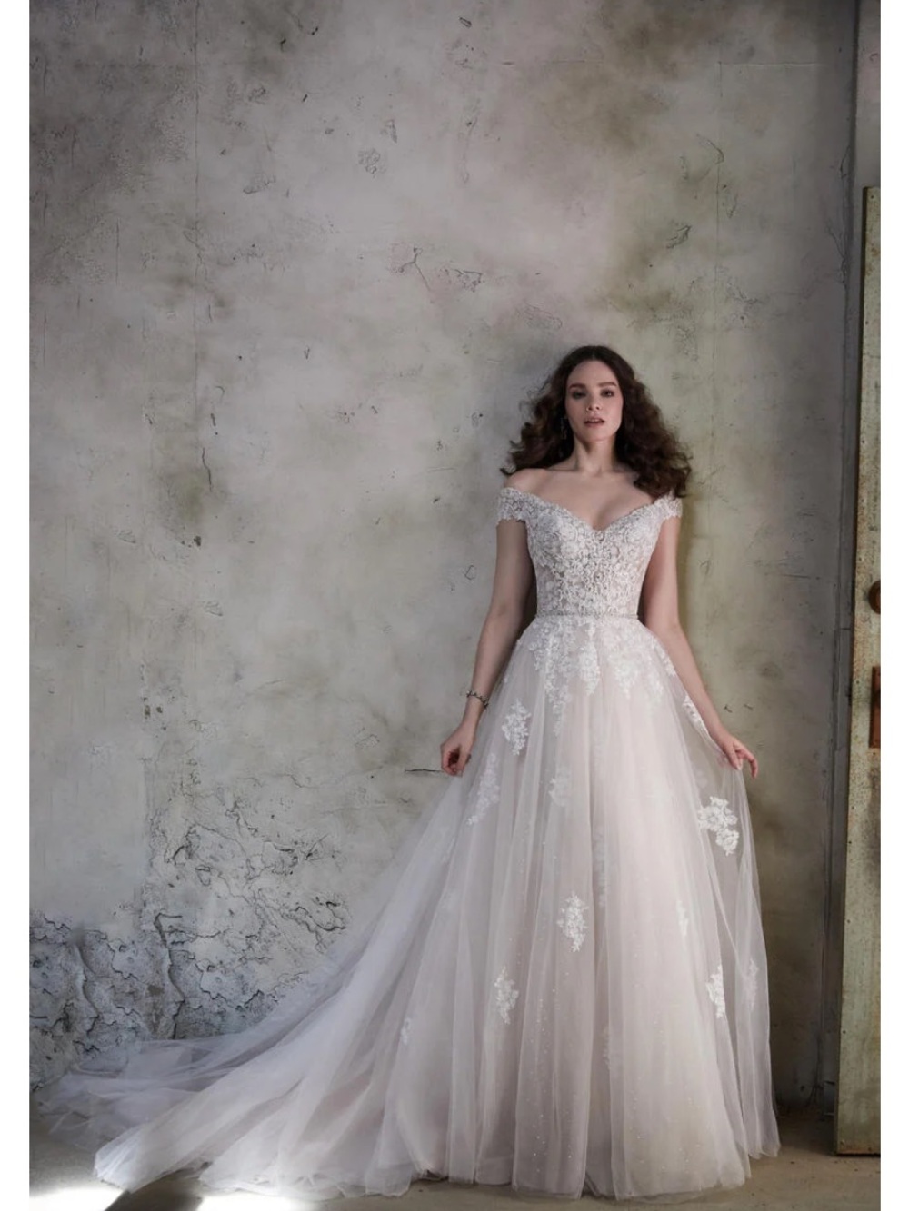 Maggie Sottero Off-the-Shoulder Lace A-Line Bridal Gown in Ivory